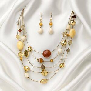 Gold tone Layered colorful Beaded Statement Necklace w/ Matching Earrings Women